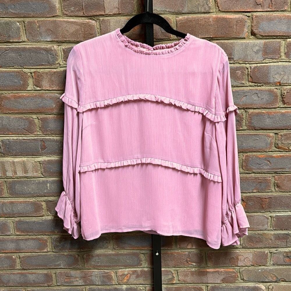 En Elly Women’s Mauve Sheer Sleeve Ruffle Blouse Size Large